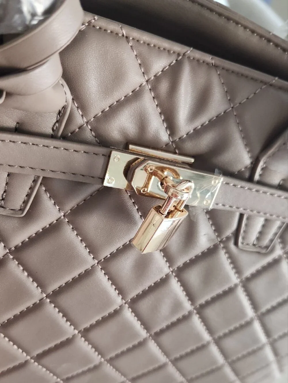 Badgley Mischka Quilted Taupe Satchel with Gold Hardware